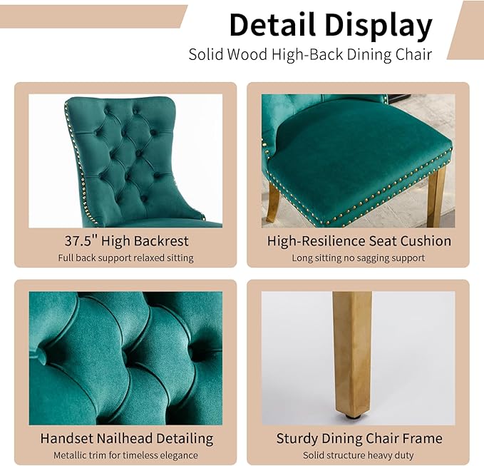 Luxury Upholstered Dining Chairs Set of 2, Green Kitchen Chair with Golden Metal Legs, Velvet Tufted Back Dining Chair, Sillas de Comedor, Modern Kitchen & Dining Room Chairs (Green, 2 Pcs)