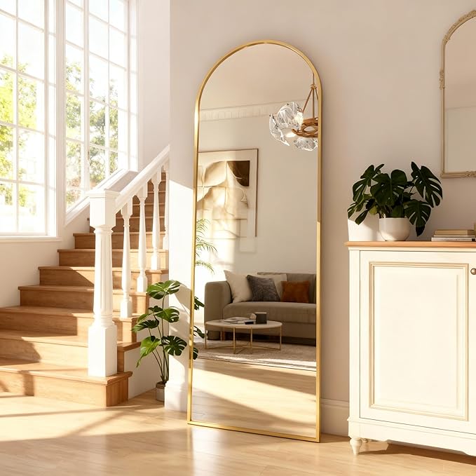 Arched Full Length Mirror, 64" L x 20" W Floor Mirror, Aluminum Alloy Frame, Shatterproof Glass - Free Standing, Leaning or Wall Mounted for Bedroom, Living Room, Entryway, Modern Home (Gold)
