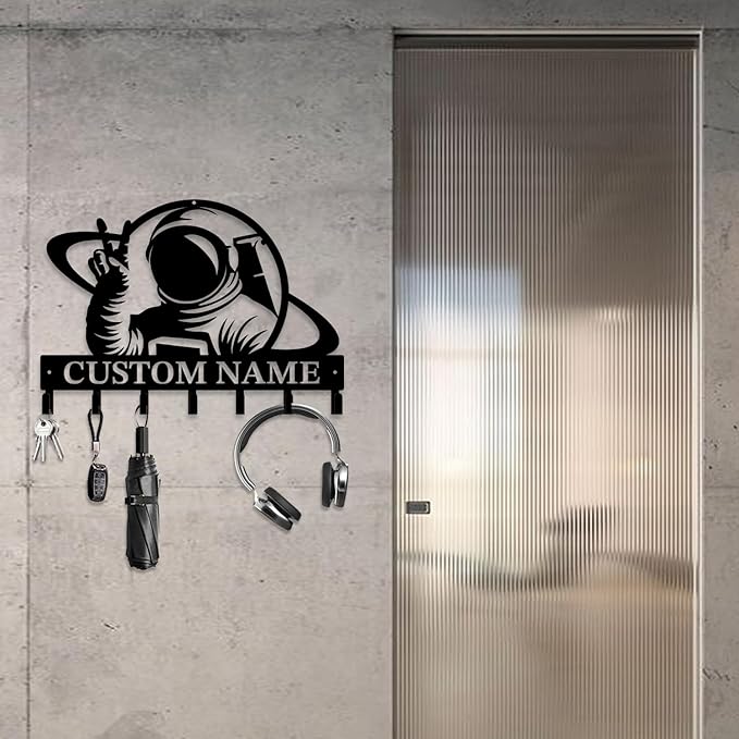 Personalized Custom Astronaut UFO Metal Wall Keys Hooks,Clothes Hooks Astronaut Art coat racks,door holder,Black Astronaut decorations for home,Entrance doors,Hallway, Bedroom,Keys,Hats (Style G)
