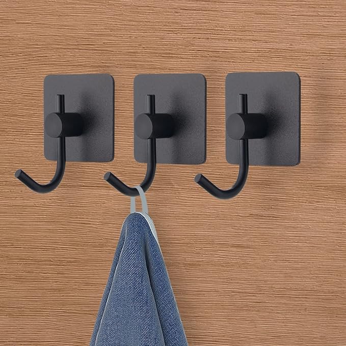 VAEHOLD 6 Pack Adhesive Wall Hooks, Heavy Duty Sticky Holder Aluminum Towel Hooks for Hanging Coat, Hat, Key, Clothes, Closet Hook Wall Mount for Kitchen, Bathroom, Office (Black)