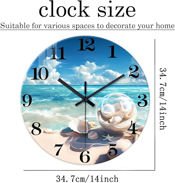XNM Beach Analog Glass Wall Clocks Battery Operated 14 Inch Blue Clock for Kitchen Round Silent Wall Clock Decorative
