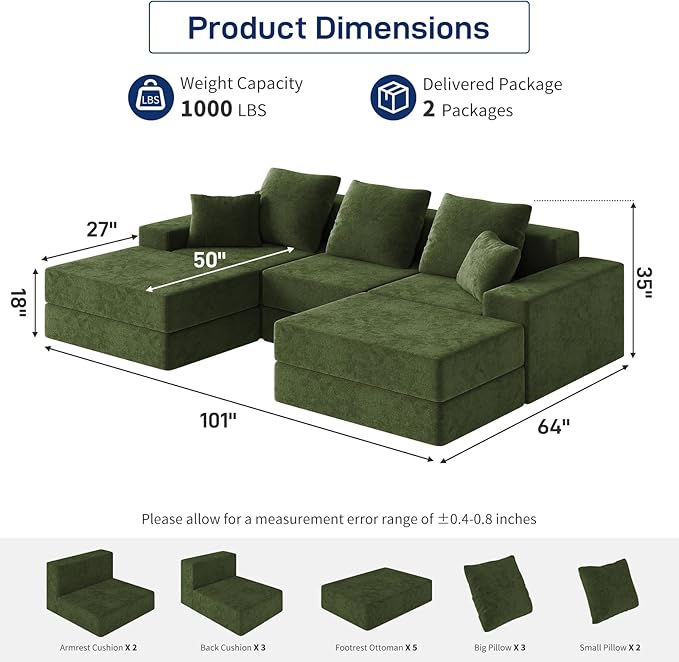 Living&Giving 101" U-Shaped Cloud Sectional Couch for Living Room, Cloud Boneless Couch-No Assembly with Reversible Chaise, Customizable 3-Seat Modular Sectional Sofa with 2 Ottoman, Green