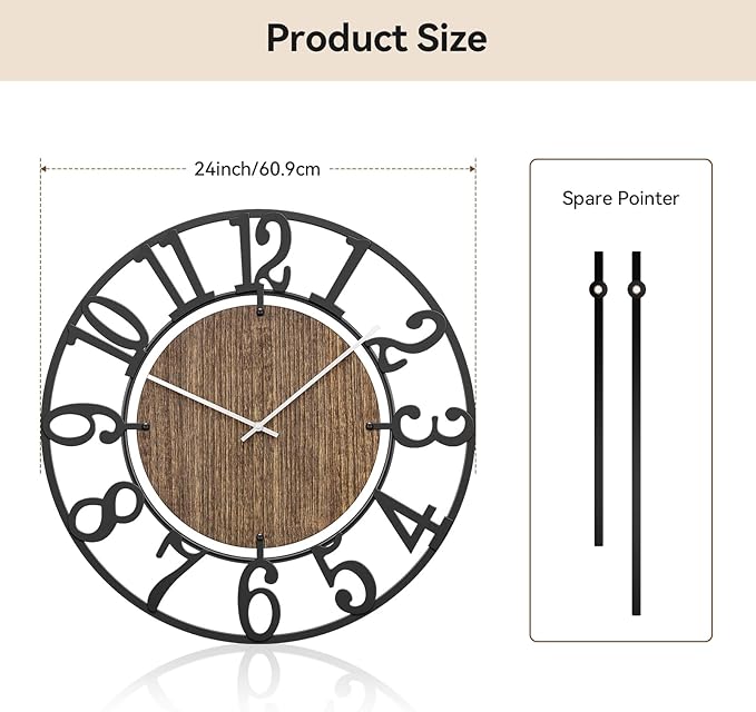 Large Wall Clocks, 24" Black Oversized Wall Clocks for Living Room by Battery Operated, Decorative Farmhouse Silent Walls Clock with Metal Arabic Number for Office, Classroom, Bedroom