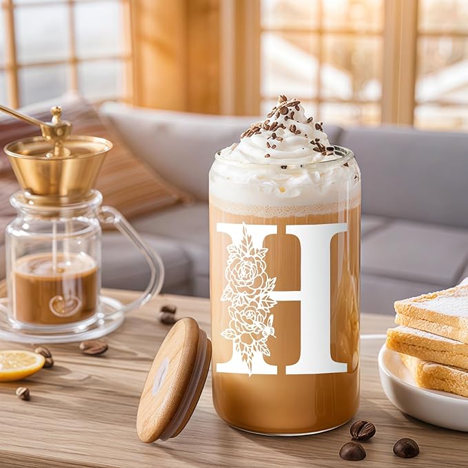 DWTS DANWEITESI Birthday Gifts for Women: Initial Glass Cup as Office Graduation Memorial Holiday Personalized Gifts - for Husband Aunt Uncle Teen Boy Employee Coworkers Him and Her - H Aesthetic Cup