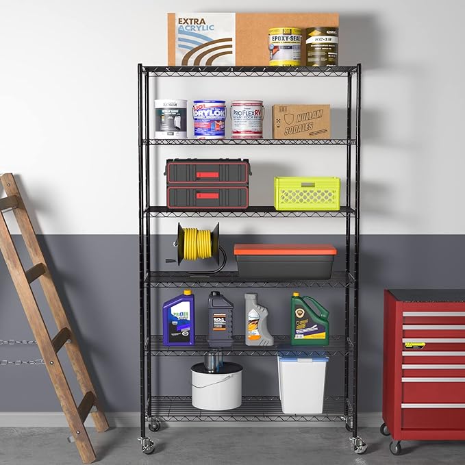 6 Tier Adjustable Metal Shelf Wire Shelving Unit Storage with Wheels 2100LBS Capacity 18" D x 48" W x 82" H for Restaurant Garage Pantry Kitchen Garage Rack,Black