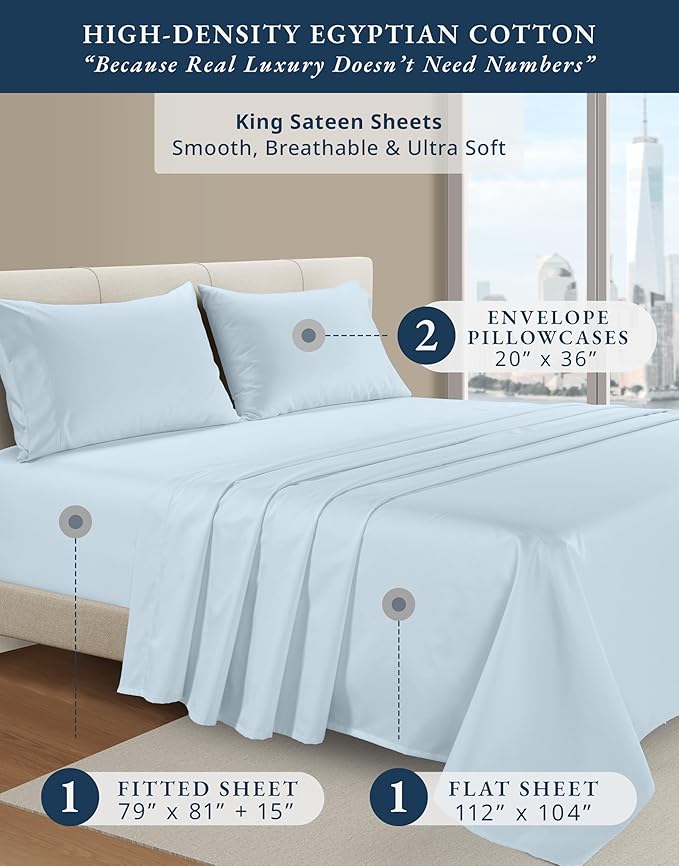 LANE LINEN 100% Egyptian Cotton Bed Sheets King Size, 15 inch Extra Deep Pocket King Sheets, Natural Cooling NO Pill Fade Resistant Cotton Sheets King Elegant Jaquard Swiss Dot - Ice Melt