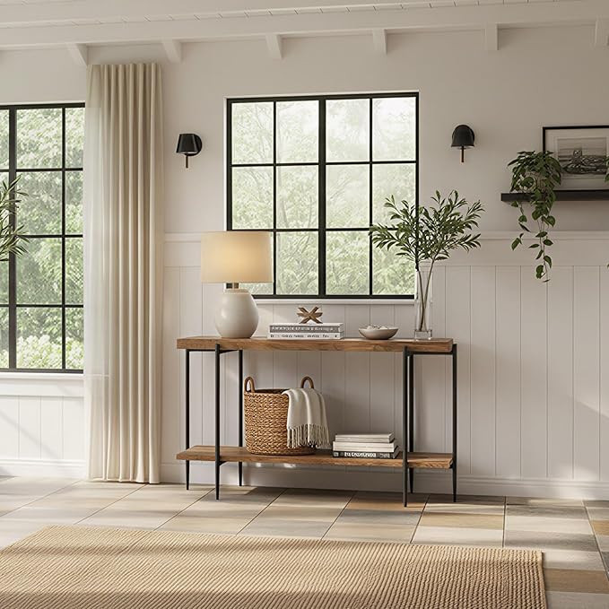 31.5” Console Table Narrow for Entryway with 2 Tier Storage Shelves, Solid Wood Industrial Entrance Sofa Table Behind Couch for Hallway, Foyer, Living Room(35.4"x11.8"x31.5")