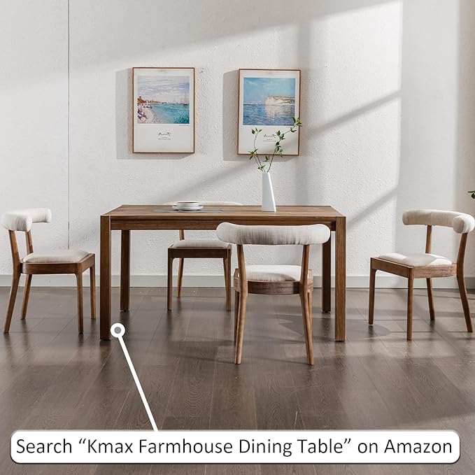 Kmax Dining Room Chairs Mid-Century Modern Fabric Kitchen Chairs with Natural Walnut Finished Frame, Linen Curved Back, Set of 4, Beige