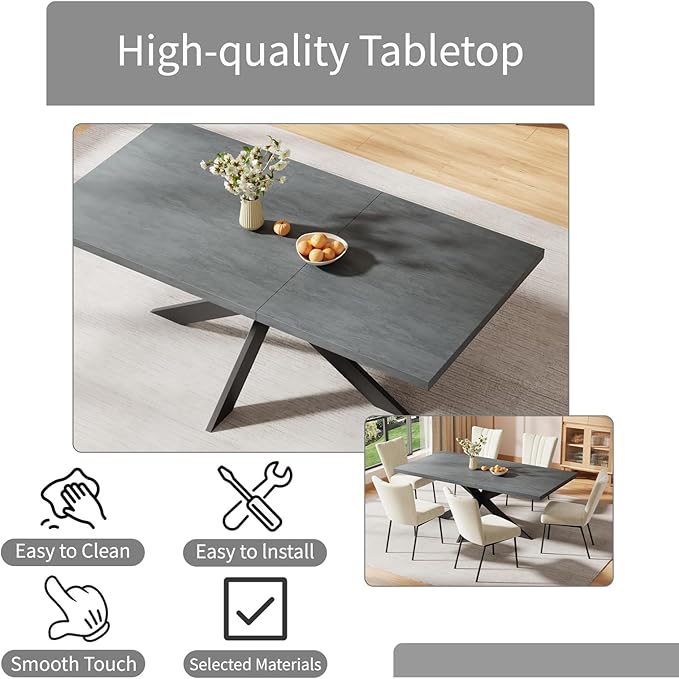 ZckyCine Dining Table Set for 6, Modern 78'' Dark Wood Dining Table and Fabric Dining Chairs Set of 6,Table and Chairs Set of 6,Ideal for Kitchen Dining Room