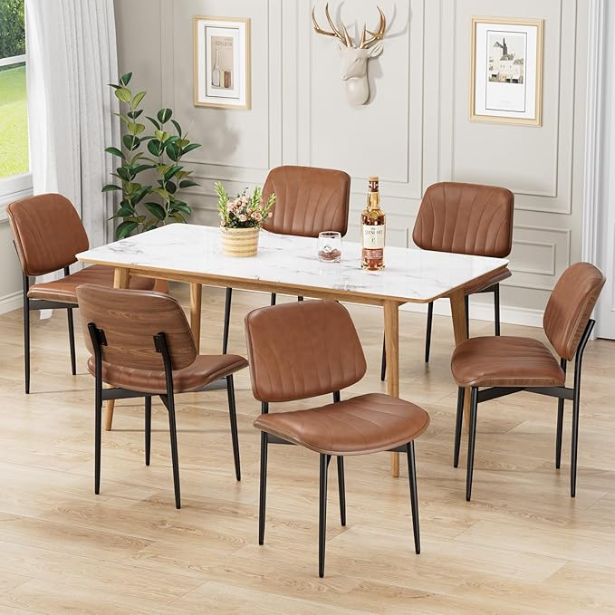 Dining Chairs Set of 8, Mid-Century Modern Upholstered PU Leather Chairs with Walnut Bentwood Back and Metal Legs Adjustable Feet for Kitchen Dining Room, Camel Shell Strips