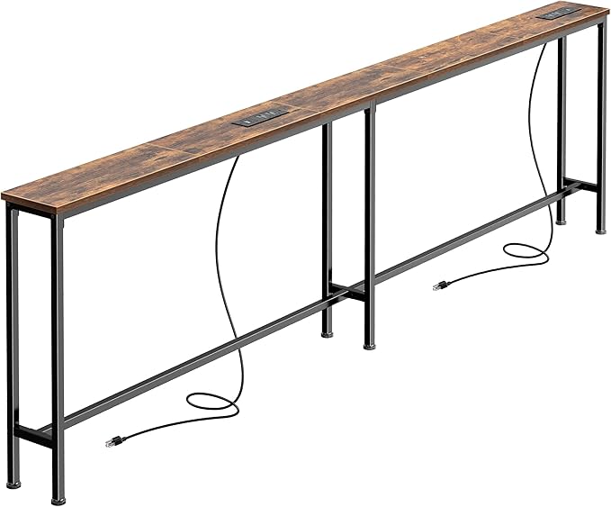 SUPERJARE 79 Inch Sofa Table with 2 Power Outlets and USB-C Ports, 5.9 Inch Narrow Console Table with Storage, Long Entryway Hallway Couch Table Behind Sofa, Small Spaces, Living Room, Rustic Brown