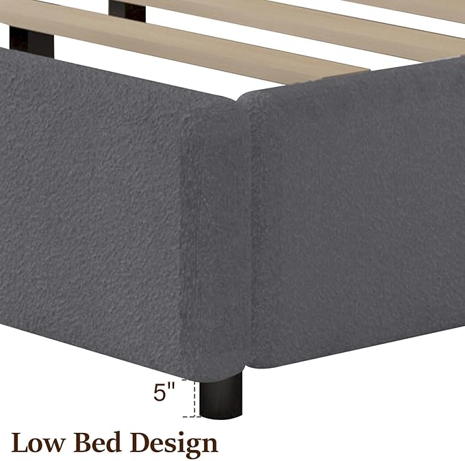 Queen Bed Frame, Upholstered Platform Bed with Headboard, Boucle Bed Frame with Round Conner, No Box Spring Required, Easy Assembly, Grey