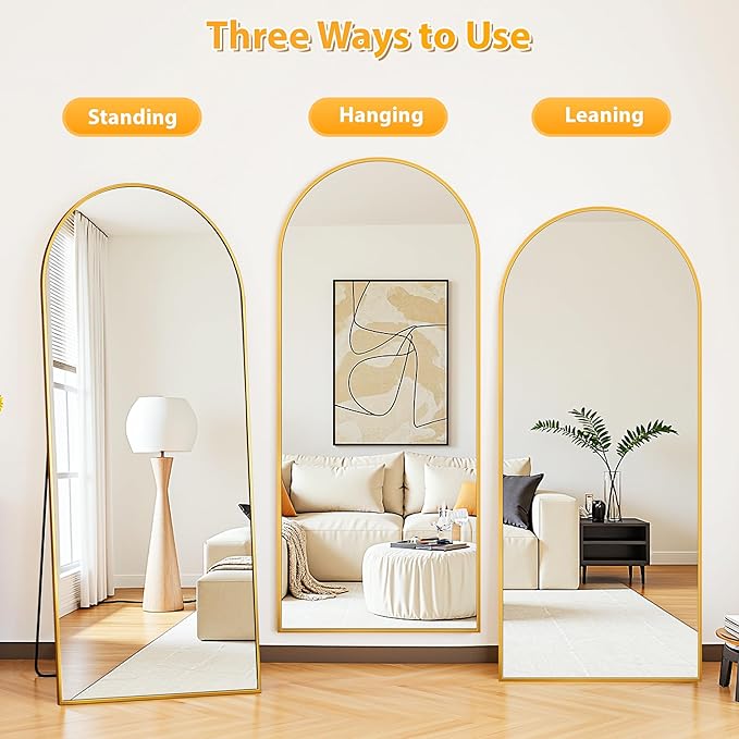Full Length Mirror, 65"x22" Oversized Floor Mirror Freestanding, Full Body Mirror Floor Standing Mirrors with Stand, Hanging Mounted Mirrors for Bedroom Living Room, Gold, Arched Style