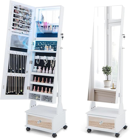 GOFLAME Standing Jewelry Cabinet Armoire with Wheels, Lockable Jewelry Storage Organizer with Full Length Mirror, 3-Color LED Lights, Interior Makeup Mirror, Jewelry Armoire for Bedroom (White)