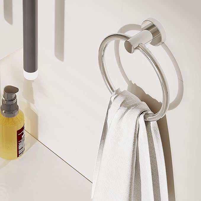 Chrome Hand Towel Holder for Bathroom (2 Pack) Kitchen Towel Ring Modern Rounded Base Wall Mount SUS304 Stainless Steel