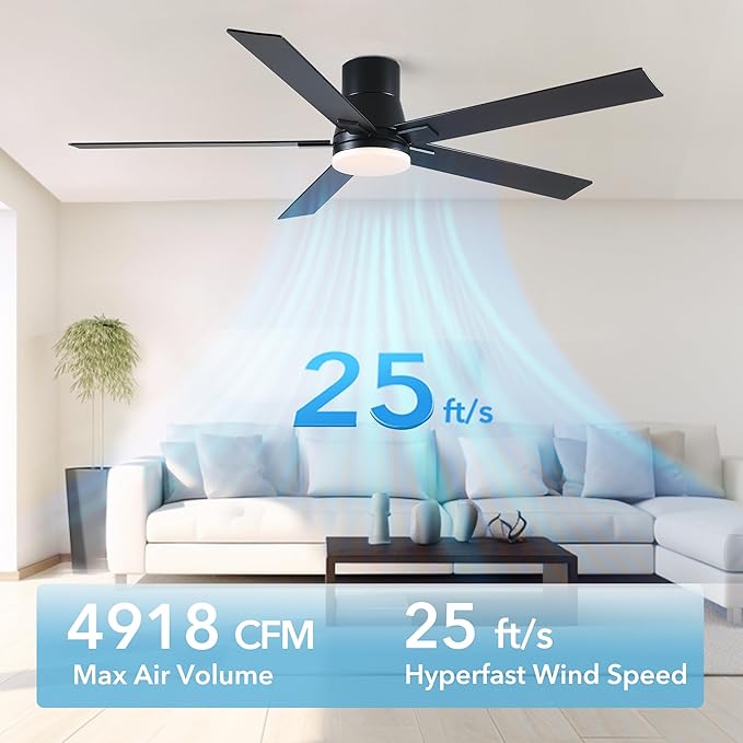 Rayqueen 60 Inch Ceiling Fans with Lights and Remote,Flush Mount Black Ceiling Fan,6 Speed Reversible DC Motor,3CCT Dimmable LED-Low Profile Design for Bedroom, Living room & Covered Outdoor