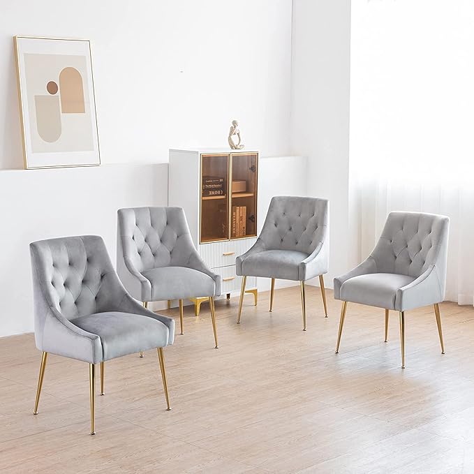 Modern Dining Chairs Set of 6, Mid Century Dining Chairs with 5.12” Cushions and Golden Legs, Velvet Upholstered Chairs with Back Pull Rod, for Kitchen, Living Room, Grey