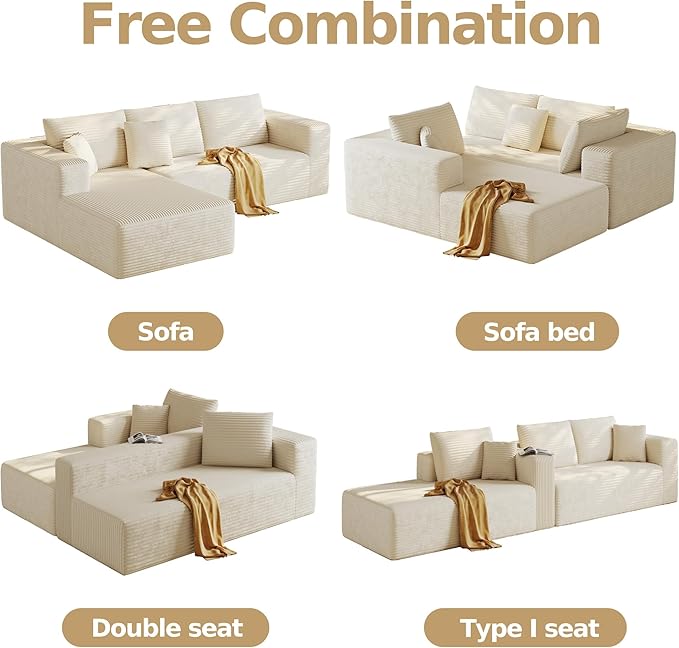 108'' Modular Sectional L-Shaped with Chair,Deep Seat Boneless Corner Couch for Living Room,Plush Corduroy Couch with Detachable Sofa Set,No Assembly (Left Facing Chaise,Beige)
