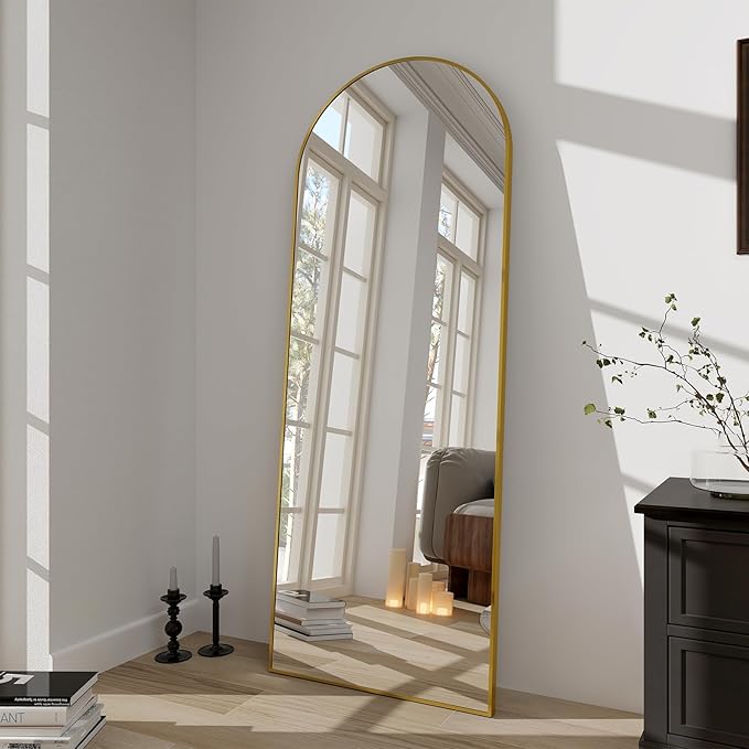 BEAUTYPEAK 64"x21" Arch Floor Mirror, Full Length Wall Hanging or Leaning Arched-Top Full Body Mirror with Stand for Bedroom, Dressing Room, Gold