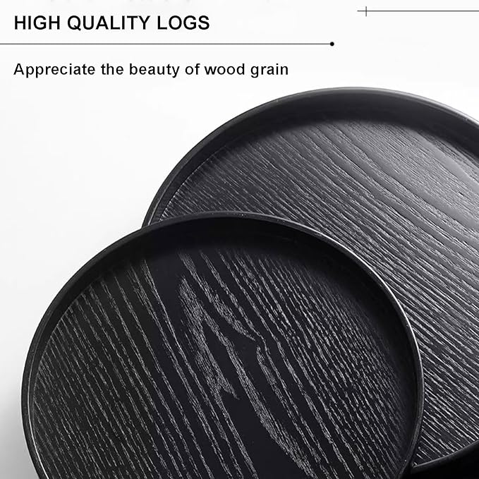 Round Wood Serving Tray, Solid Wooden Decorative Tray Non-Slip Tea Coffee Table Tray Snack Plate Food Meals Serving Tray with Raised Edges for Home Decor Kitchen Restaurant(10.6inch, Black)
