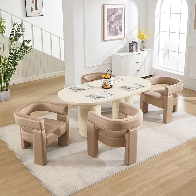 Khaki Dining Chairs Set of 4, Upholstered Velvet Barrel Chairs with Arms Comfy Side Chairs for Living Room/Dining Room/Reception