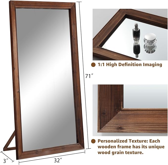 MELOMOIR Rustic Farmhouse Full Length Mirror, 71"x32" Large Floor Mirror Wood Frame, Free Standing Mirror Leaning Hanging, for Bedroom Living Room Cloakroom, Wood