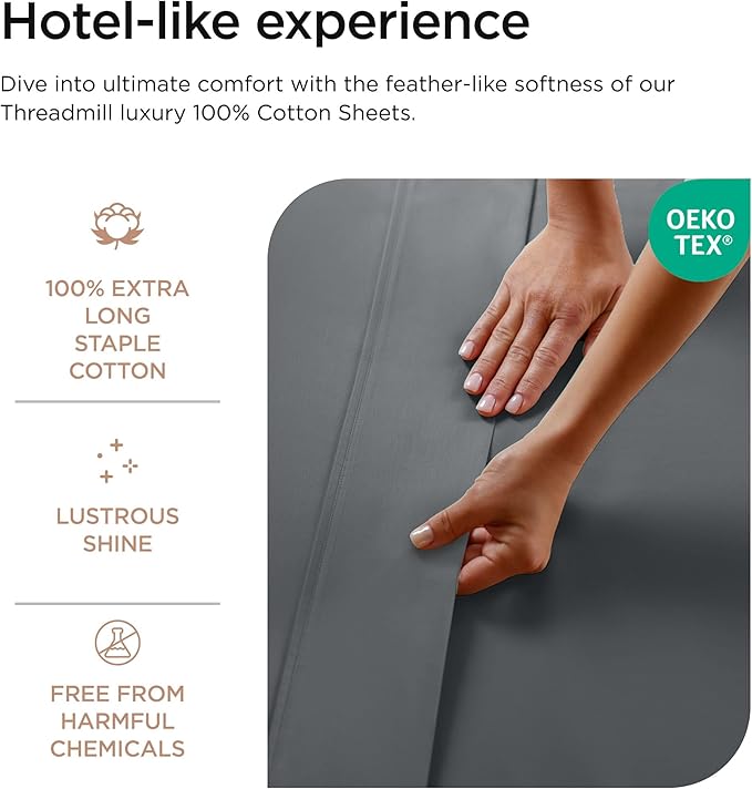Threadmill 100% Cotton Sheets for Twin XL Size Bed - 600 Thread Count Twin XL Bed Sheets Set with 15” Deep Pocket - Sateen Weave 3-Piece Bedding Set with Cooling Effect, Dark Grey