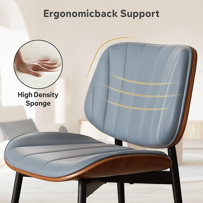 Dining Chairs Set of 2, Mid Century Modern Dining Room Chair, Upholstered Faux Leather Kitchen Chairs with Walnut Bentwood Back and Metal Legs for Kitchen Dining Room Living Room, Blue