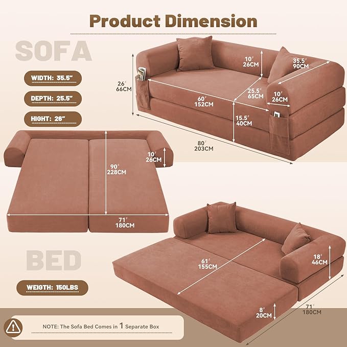 Convertible Futon Sofa Bed,80" Folding Pull Out Couch Bed with Pillows & Storage Pocket, Oversized Queen Sleeper Sofa in a Box,Corduroy Boneless Couch for Living Room,Pink