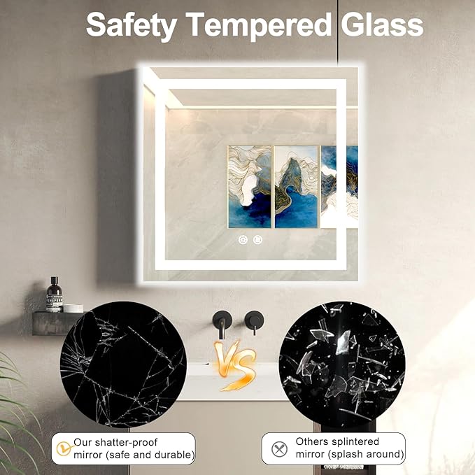 32 X 32 Inch Square LED Bathroom Vanity Mirror, 3 Colors Light Dimmable, Wall Mounted Memory Lighted Makeup Mirror with Anti-Fog Touch Switch (Front-lit&Backlit)
