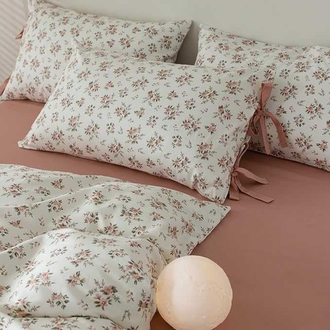 Pink Floral Duvet Cover King Chic Peach Flower Bedding Set King Girls Boho Flower Duvet Cover Vintage Blush Pink Comforter Cover 100% Cotton Botanical Cottagecore Bedding Cover with Zipper Closure