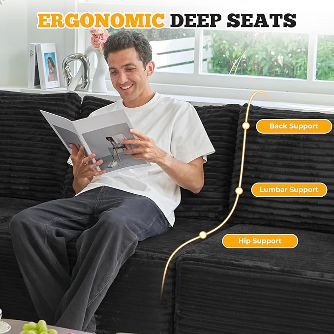 113" Modular Sectional Sofa, Convertible U-Shaped Cloud Couches for Living Room with Ottoman, 5 Seater Corduroy Boneless Couch Sofa Set, No Assembly Required, Black 1 PCS