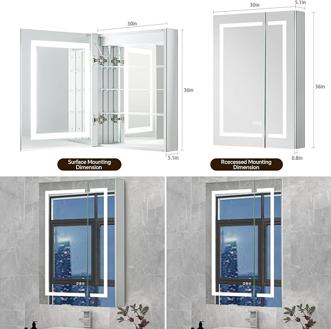 30 x 36 LED Lighted Medicine Cabinet with Lights, Recessed or Surface Wall Mount Medicine Cabinet Mirror for Bathroom with Storage, Outlets & USB, Tempered Glass, 3-Color Dimming, Adjustable Shelf