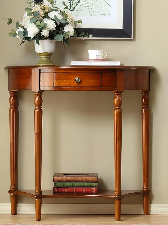 Solid Wood Console Table with Drawer, Semi-Circle Entryway Storage Shelf, Half-Moon Porch Table Side Elegant Vintage Sofa for Living Room (31.5" L x 13.8" W x 31.5" H)