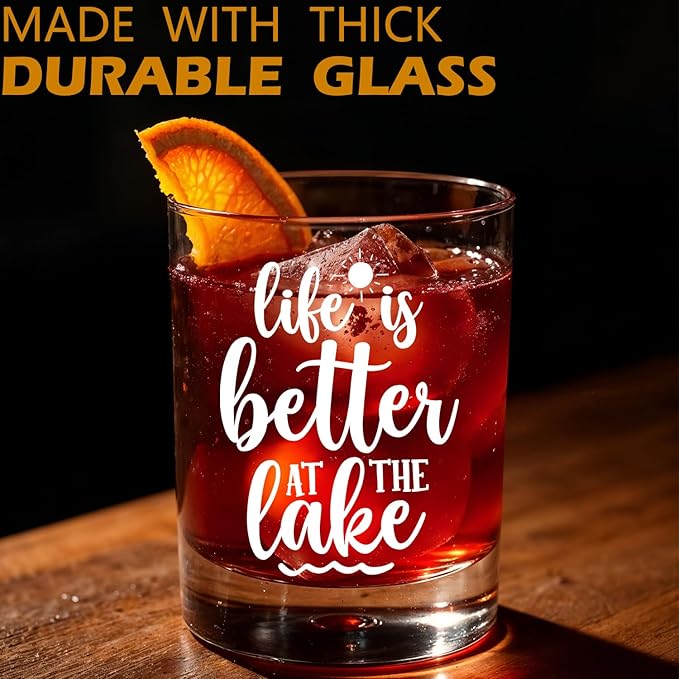 Lake Life Gifts Old Fashioned Whiskey Glasses, Gifts for Lake Lovers, Life is Better at the Lakes 10 oz Rocks Barware Cup for Cocktail Drinks Scotch Bourbon Liquor