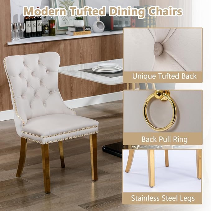 Goujxcy 7 Piece Glass Dining Table Set Modern Glass Dining Table Set for 6, 61" Rectangular Gold Kitchen Table and 6 Velvet Upholstered Chairs, Gold Table & Beige Chair