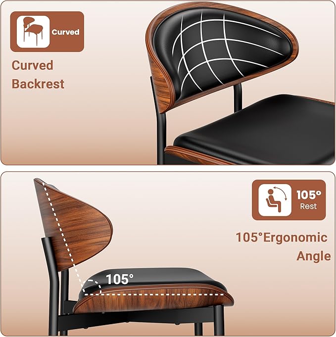 Dining Chairs Set of 8, Dining Room and Kitchen Chairs, Mid Century Modern Retro Chair, Upholstered PU Leather Chairs for Vanity with Walnut Bentwood and Metal Legs (Black)
