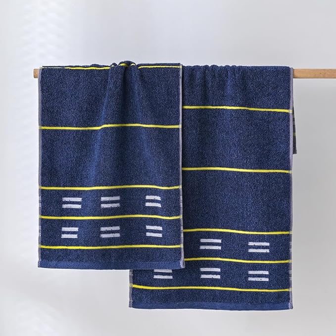 YiLUOMO Blue Hand Towels Yellow Striped Design Set of 2 Super Soft 100% Terry Cotton Highly Absorbent Decorative Hand Towel for Bathroom 13 x 29 Inch