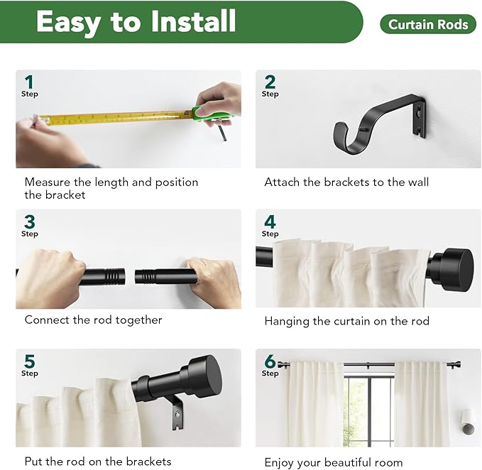 Time Forest Curtain Rods for Windows 32 to 240, 1 Inch Adjustable Black Heavy Duty Long Window Outdoor Curtain Rod for Patio, Modern Drapery Rods with Simple End Caps, Size 32"-240"