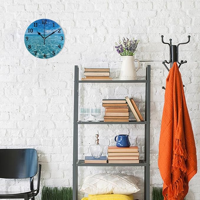 Wall Clock Blue Sky and Sea Silent Non Ticking Wall Clock Decorative Battery Operated Wall Clocks for Home Kitchen Bedroom Living Room Office