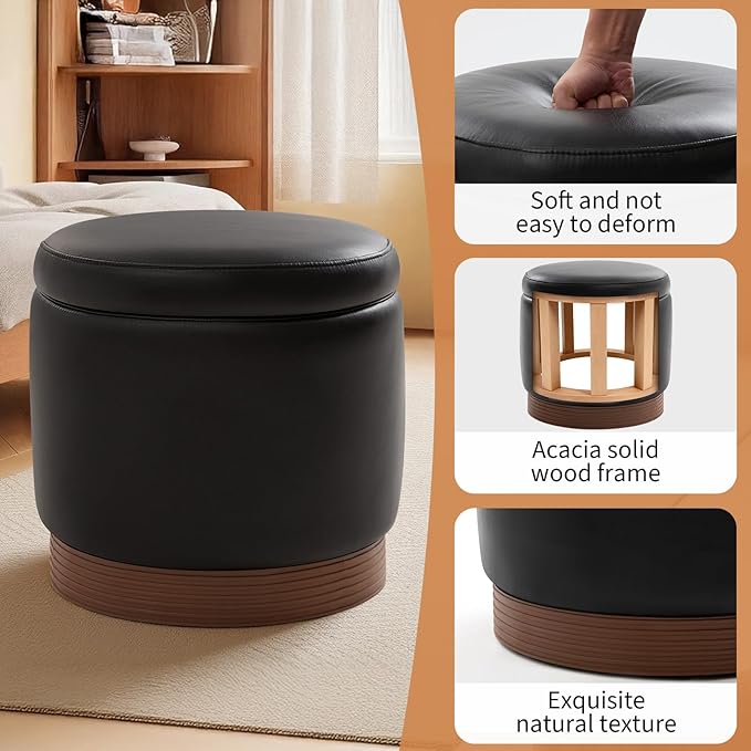 Round Storage Ottoman,Swivel Vanity Stool-Leather Foot Rest,Upholstered Footstool Pouf with Sturdy Acacia Wood Frame(500 lbs),Small Coffee Table & Hidden Storage Ottoman for Living Room