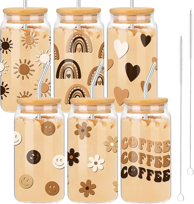 Whaline 6 Pack Boho Drinking Glasses 16oz Boho Rainbow Sun Heart Flower Glasses Cup Retro Groovy Ice Coffee Cup with Bamboo Lid Glass Straw Cleaning Brush for Cocktail Whiskey Beer Soda Gifts