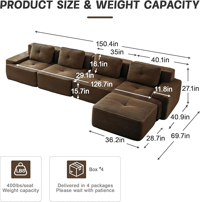 150" Modern Corduroy Cloud Sofa with Ottoman, L Shaped Boneless Modular Large Sectional Couches for Living Room, Brown 4 Seater Compressed Memory Foam Couch, Extra Deep Seat, No Assembly