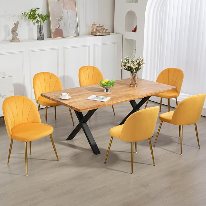 Velvet Dining Chairs Set of 6, Upholstered Mid Century Modern Dining Chairs, Armless Accent Chair with Metal Gold Legs for Living Room, Kitchen, Dining Room, Yellow