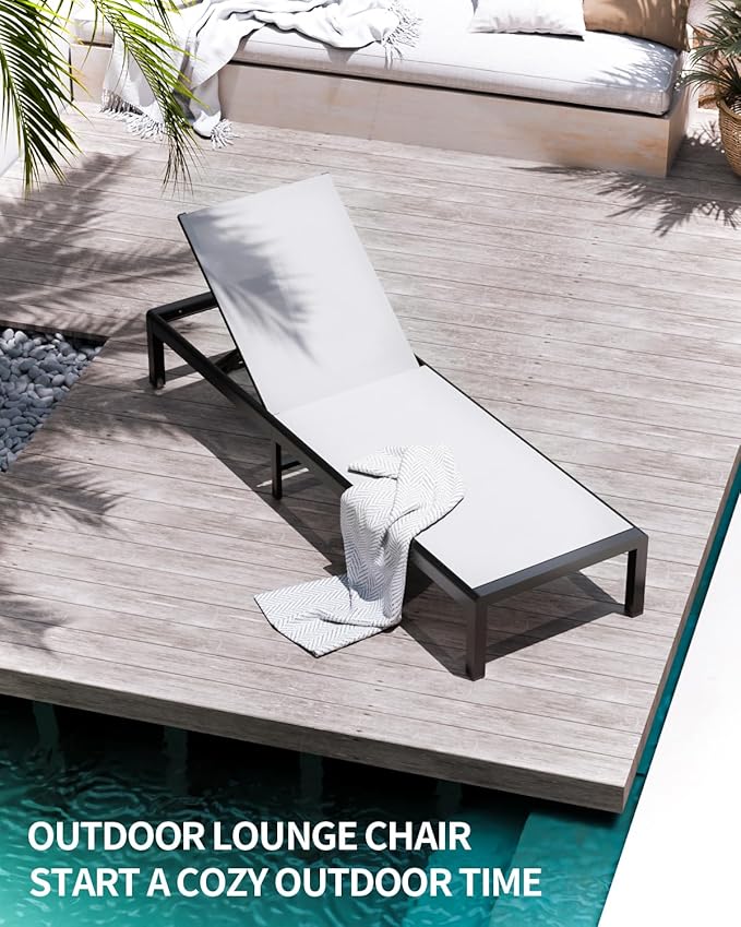 Aluminum Lounge Chairs Outdoor Chaise Furniture,2 Sets Patio Metal Deck Lounger Adjustable 5-Position Poolside Chase Recliner with Wheels for Beach,Coffee Table, (White, 1 Chair)
