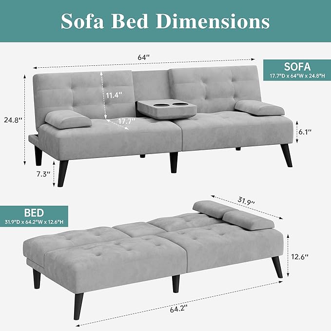 Meilocar Futon Sofa Bed, Modern Sofa Couch Recliner, Adjustable Sofa Bed for Living Room, Office, Guest Room Removable Armrest, 2 Cup Holders, Adjustable Backrest, Light Grey
