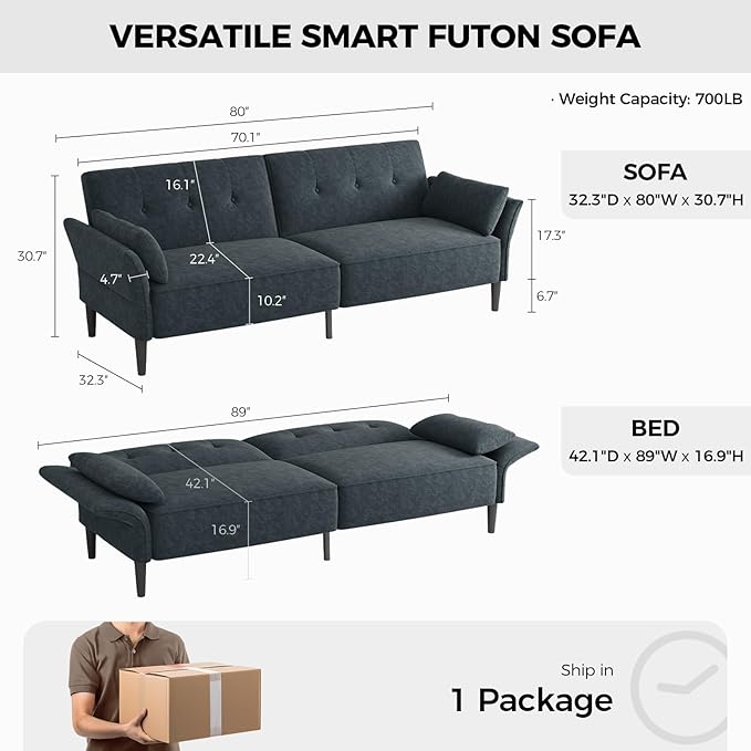 89” Futon Sofa Bed, Comfy Futon Couch Bed with 2 Square Pillows,Convertible Sleeper Sofa with Adjustable Backrest& Armrests, Modern Loveseat Sleeper for Living Room,Velvet Fabric Dark Gray