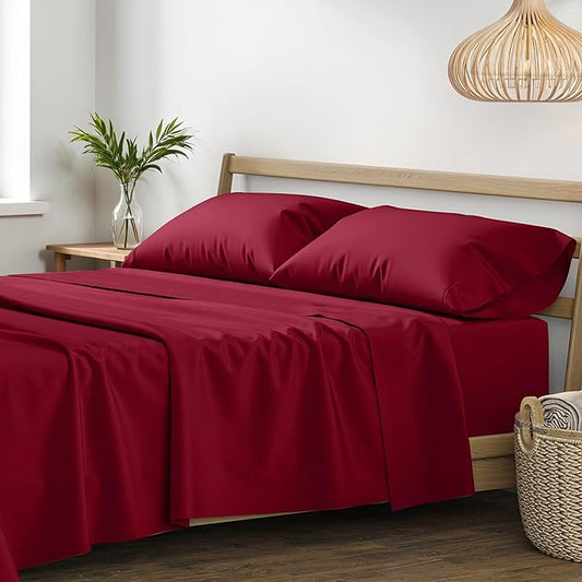 XOOX Linen 100% Egyptian Cotton Sheets King Size - 1200 Thread Count King Size Sheets Set Egyptian Cotton, 4 PC Luxury Bedsheet (Burgundy), Soft, Cooling, 17" Deep Pocket Sateen Weave Bedsheet Set