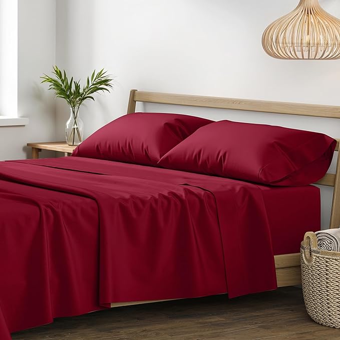 XOOX Linen 100% Egyptian Cotton Sheets California King Size - 1200 Thread Count Cal King Sheet Set Egyptian Cotton, 4 PC Luxury Bedsheet (Burgundy), Soft, Cooling, 17" Deep Pocket Bedsheet Set