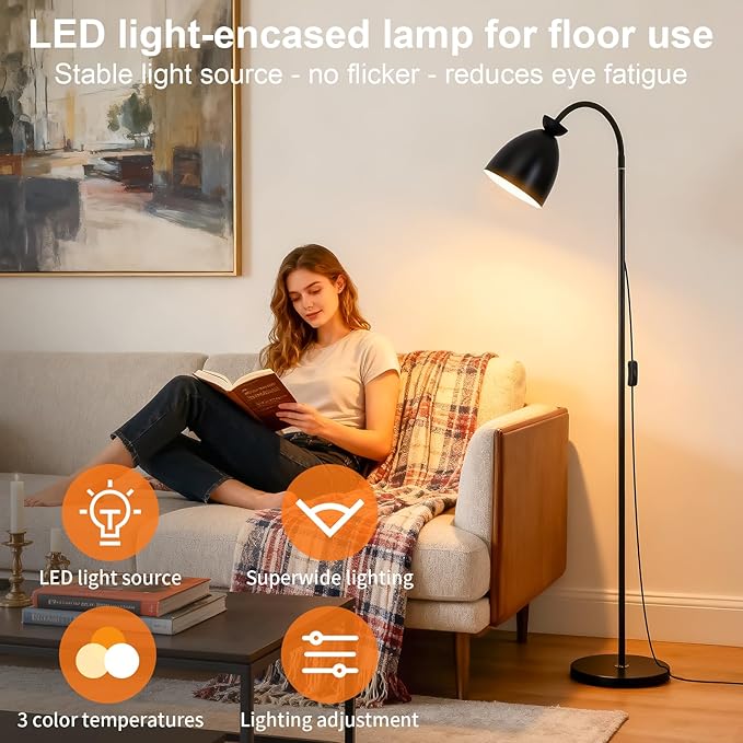 Bright Modern Black Floor Lamp for Living Room Corners Bedroom Bedside Kids room dorm Classroom,Tall Standing Reading Warm Light, 9W LED tri Color Dimming, Goose Neck Adjustment, Cheap Work Desk Lamp